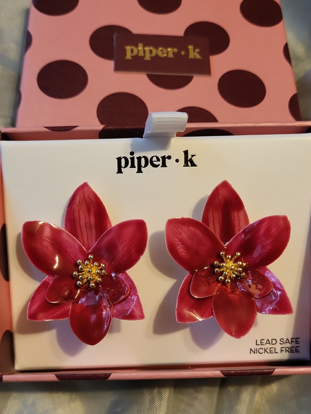 Piper K Fushia Orchid Floral Statement Earrings with Gold Centers Rt LP M